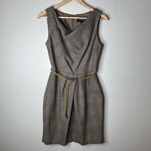 Chetta B Women’s Gray Plaid Sleeveless MIDI Cowl Neck Belted Dress Size 8‎